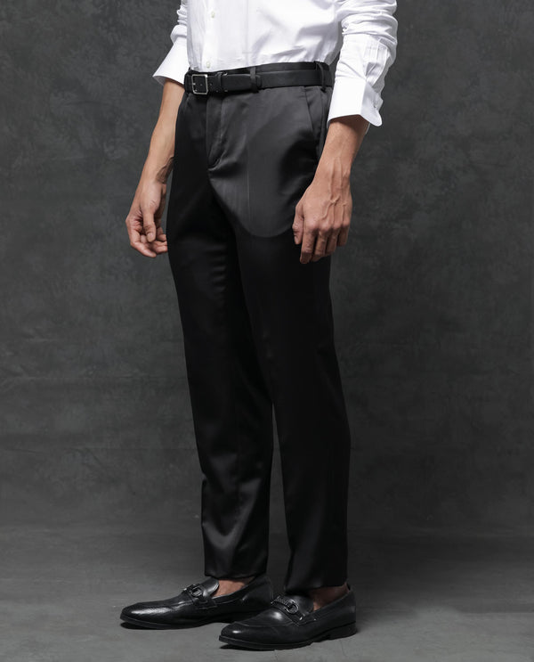 Rare Rabbit Men's Vance Black Polyester Viscose Fabric Notch Lapel Button Closure Single Breasted Satin Suits
