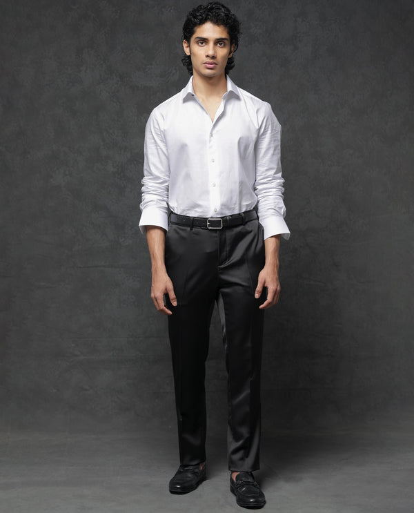 Rare Rabbit Men's Vance Black Polyester Viscose Fabric Notch Lapel Button Closure Single Breasted Satin Suits