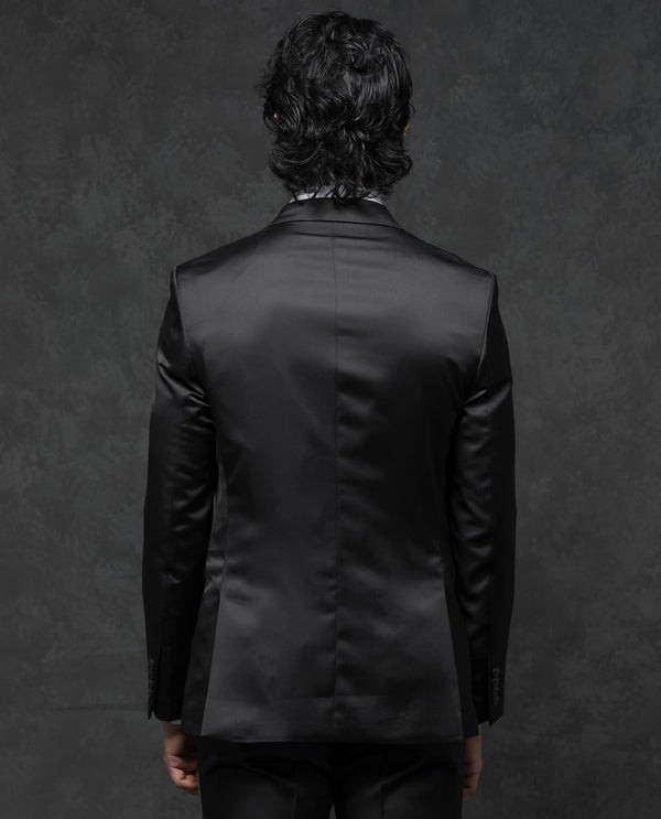 Rare Rabbit Men's Vance Black Polyester Viscose Fabric Notch Lapel Button Closure Single Breasted Satin Suits
