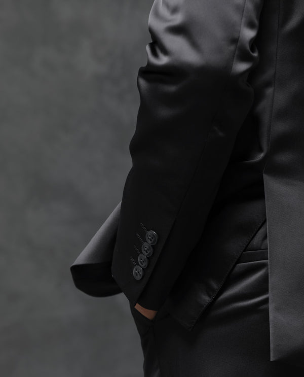 Rare Rabbit Men's Vance Black Polyester Viscose Fabric Notch Lapel Button Closure Single Breasted Satin Suits
