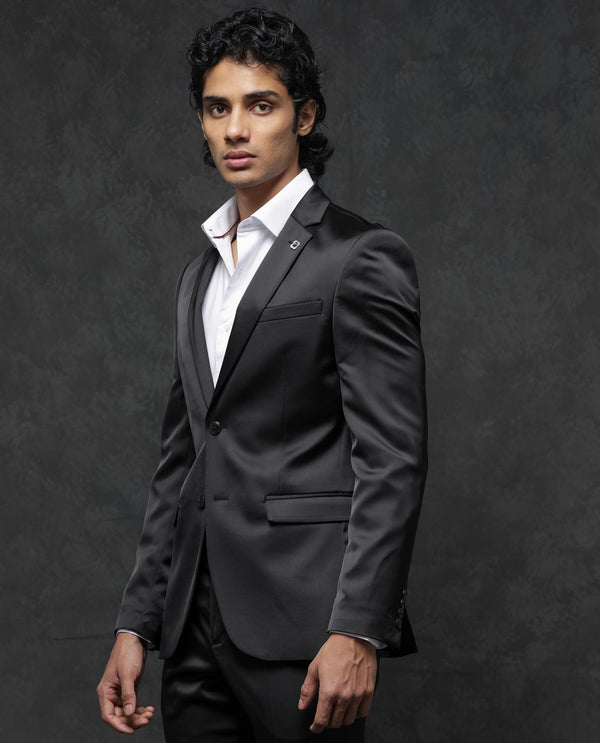 Rare Rabbit Men's Vance Black Polyester Viscose Fabric Notch Lapel Button Closure Single Breasted Satin Suits