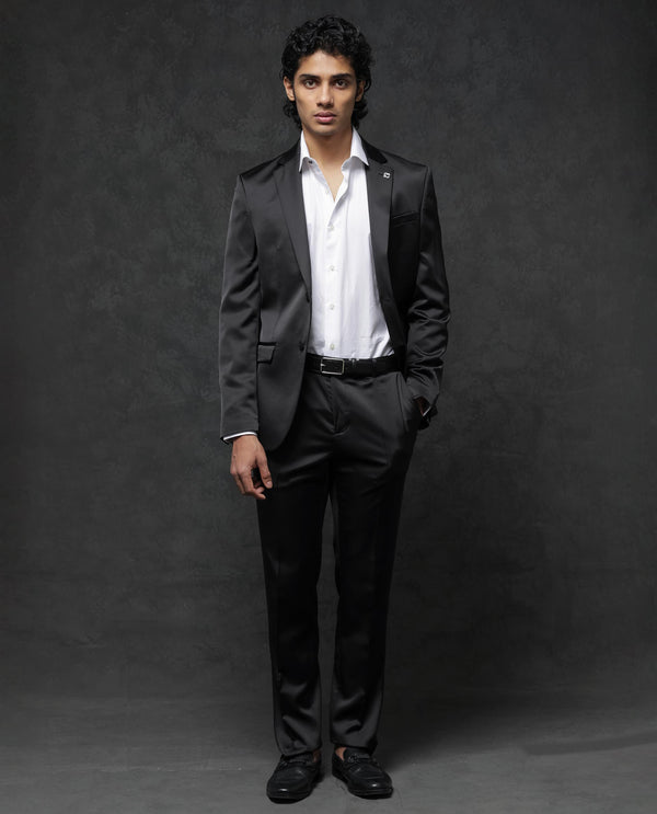 Rare Rabbit Men's Vance Black Polyester Viscose Fabric Notch Lapel Button Closure Single Breasted Satin Suits