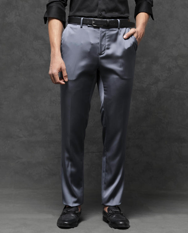 Rare Rabbit Men's Vance Dark Grey Polyester Viscose Fabric Notch Lapel Button Closure Single Breasted Satin Suits