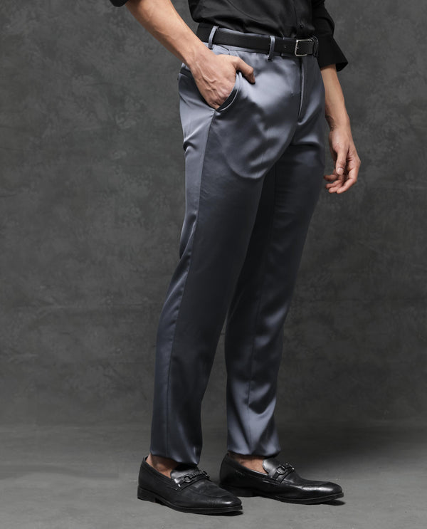 Rare Rabbit Men's Vance Dark Grey Polyester Viscose Fabric Notch Lapel Button Closure Single Breasted Satin Suits