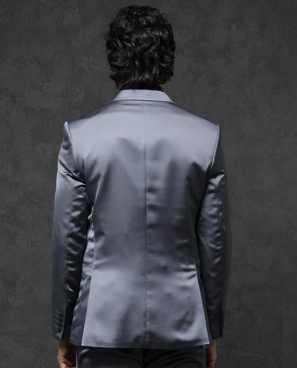 Rare Rabbit Men's Vance Dark Grey Polyester Viscose Fabric Notch Lapel Button Closure Single Breasted Satin Suits