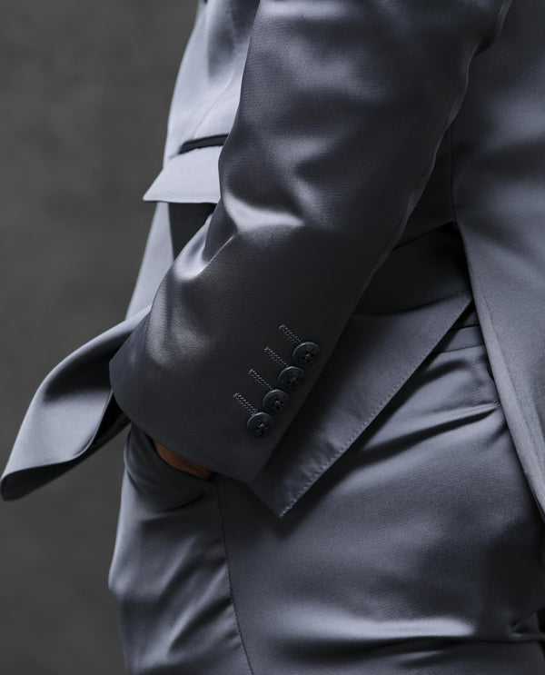 Rare Rabbit Men's Vance Dark Grey Polyester Viscose Fabric Notch Lapel Button Closure Single Breasted Satin Suits