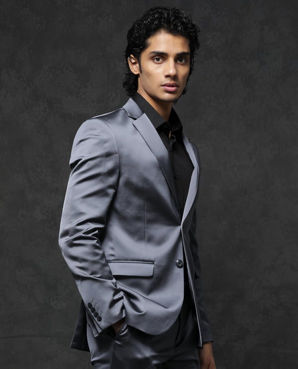 Rare Rabbit Men's Vance Dark Grey Polyester Viscose Fabric Notch Lapel Button Closure Single Breasted Satin Suits