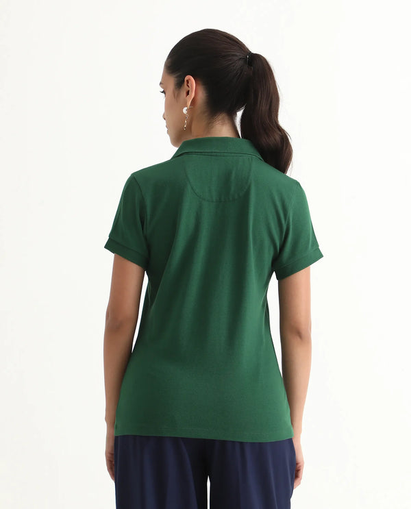 Rareism Women Van Green Cotton Lycra Fabric Short Sleeve Polo Collar Plain Polo