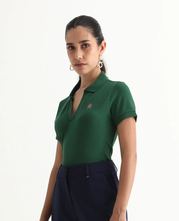 Rareism Women Van Green Cotton Lycra Fabric Short Sleeve Polo Collar Plain Polo