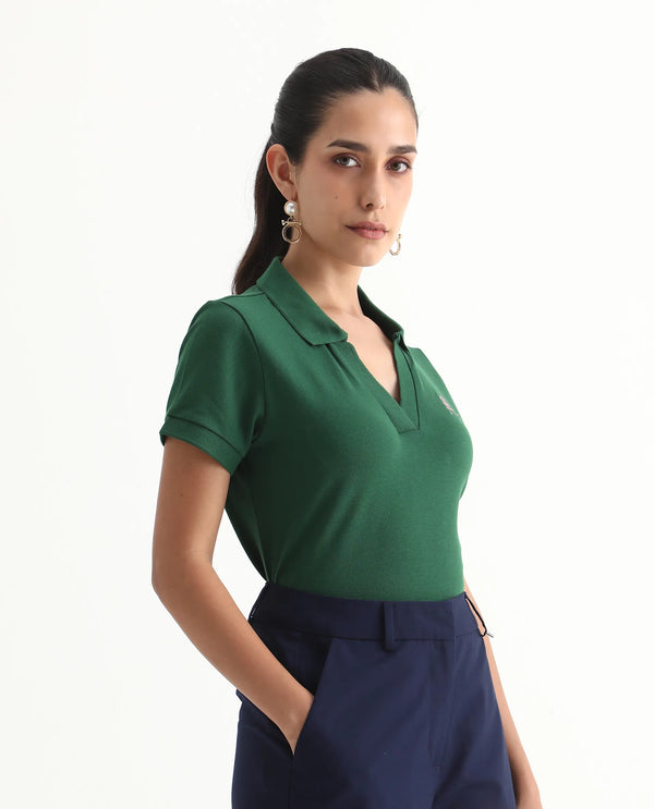 Rareism Women Van Green Cotton Lycra Fabric Short Sleeve Polo Collar Plain Polo