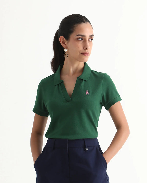 Rareism Women Van Green Cotton Lycra Fabric Short Sleeve Polo Collar Plain Polo