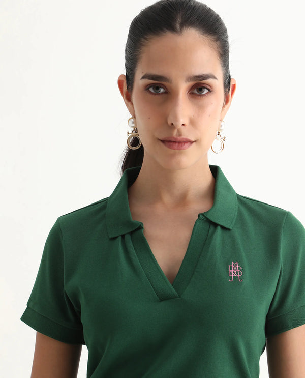 Rareism Women Van Green Cotton Lycra Fabric Short Sleeve Polo Collar Plain Polo