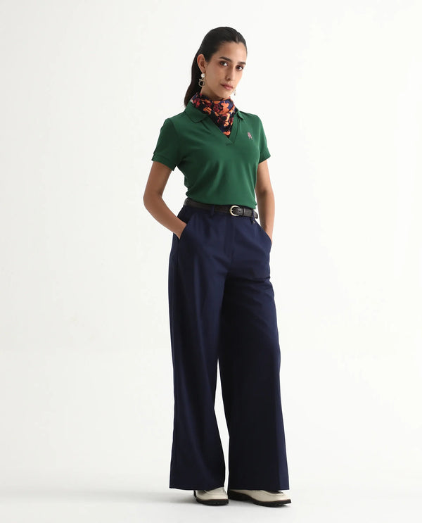 Rareism Women Van Green Cotton Lycra Fabric Short Sleeve Polo Collar Plain Polo