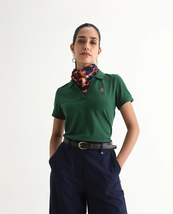 Rareism Women Van Green Cotton Lycra Fabric Short Sleeve Polo Collar Plain Polo