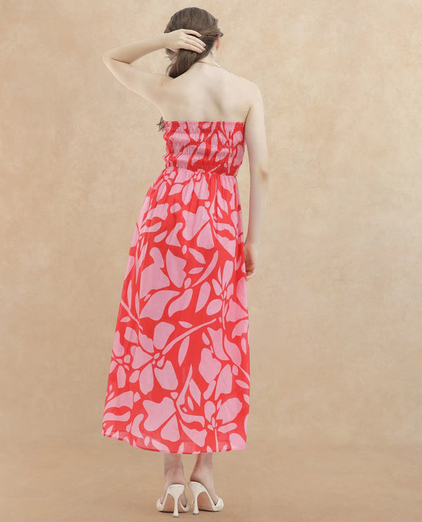 Rareism Women Vanka Red Cotton Fabric Sleeveless Tube Neck Shoulder Straps Fit And Flare Floral Print Maxi Dress
