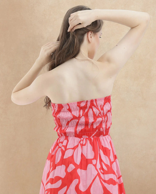 Rareism Women Vanka Red Cotton Fabric Sleeveless Tube Neck Shoulder Straps Fit And Flare Floral Print Maxi Dress