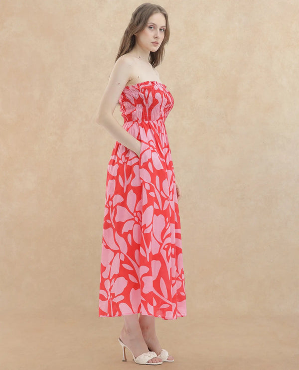 Rareism Women Vanka Red Cotton Fabric Sleeveless Tube Neck Shoulder Straps Fit And Flare Floral Print Maxi Dress