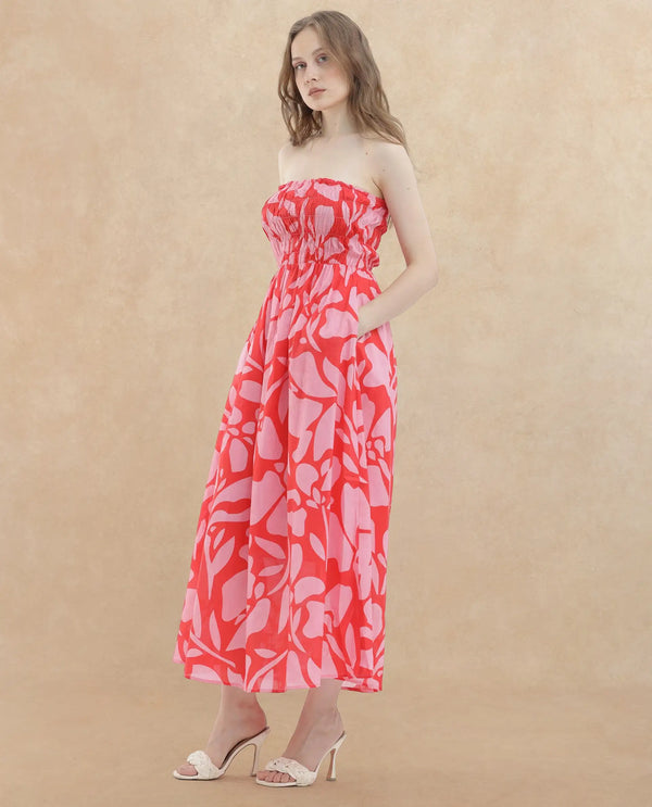 Rareism Women Vanka Red Cotton Fabric Sleeveless Tube Neck Shoulder Straps Fit And Flare Floral Print Maxi Dress