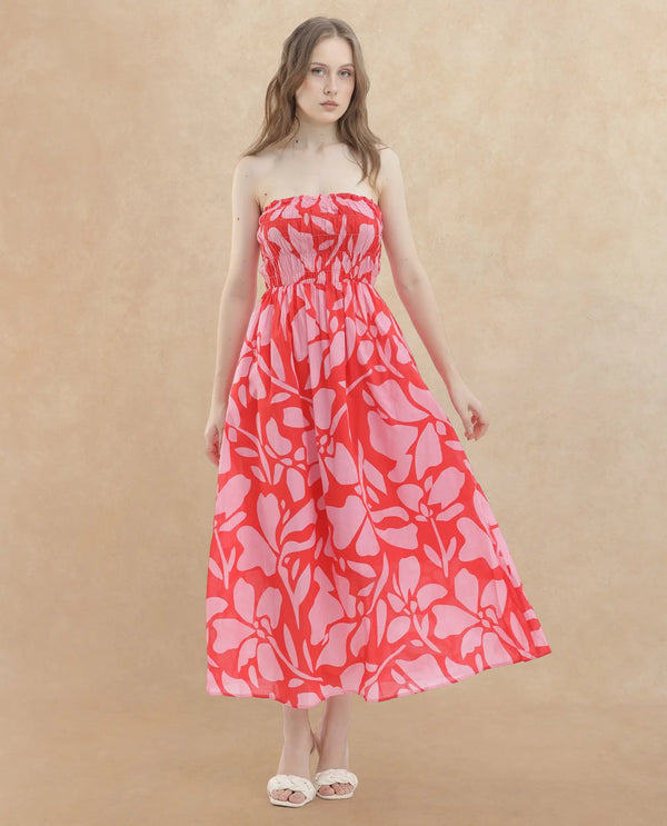 Rareism Women Vanka Red Cotton Fabric Sleeveless Tube Neck Shoulder Straps Fit And Flare Floral Print Maxi Dress