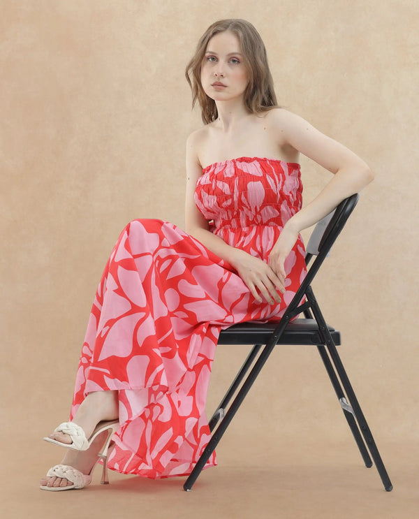 Rareism Women Vanka Red Cotton Fabric Sleeveless Tube Neck Shoulder Straps Fit And Flare Floral Print Maxi Dress