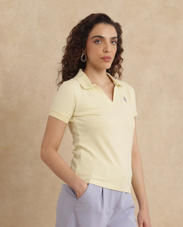 Rareism Women Van Light Yellow Cotton Lycra Fabric Short Sleeve Polo Collar Plain Polo