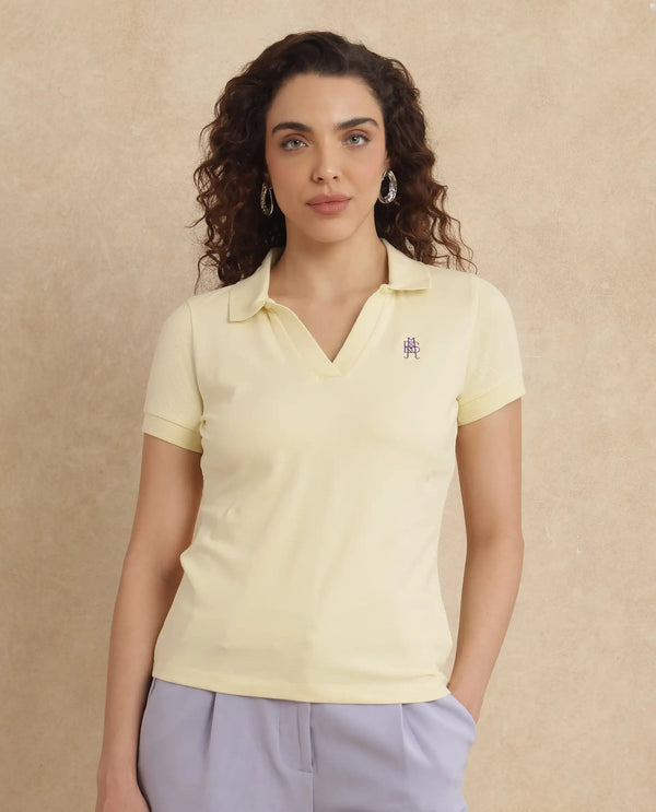 Rareism Women Van Light Yellow Cotton Lycra Fabric Short Sleeve Polo Collar Plain Polo