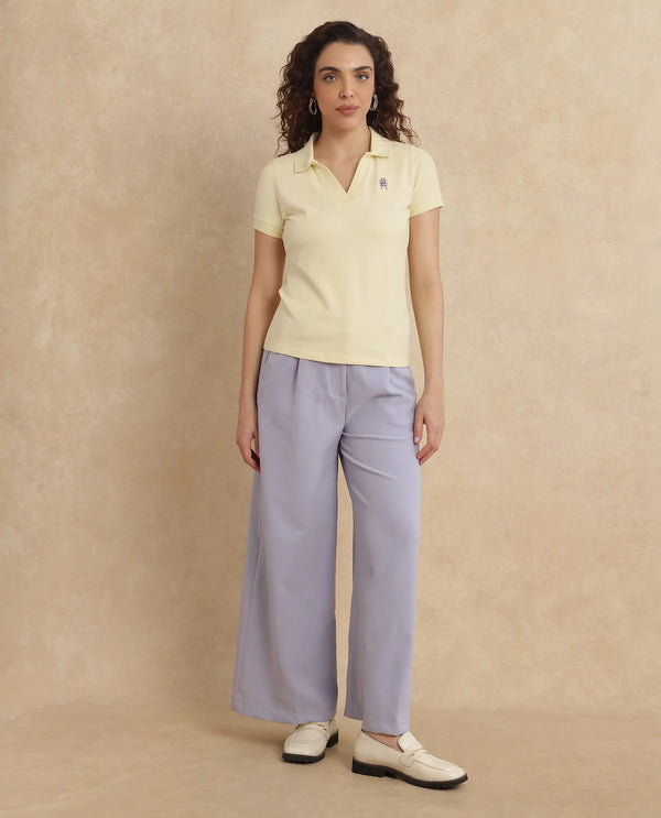 Rareism Women Van Light Yellow Cotton Lycra Fabric Short Sleeve Polo Collar Plain Polo