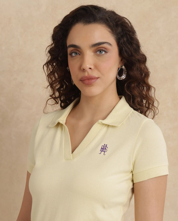 Rareism Women Van Light Yellow Cotton Lycra Fabric Short Sleeve Polo Collar Plain Polo