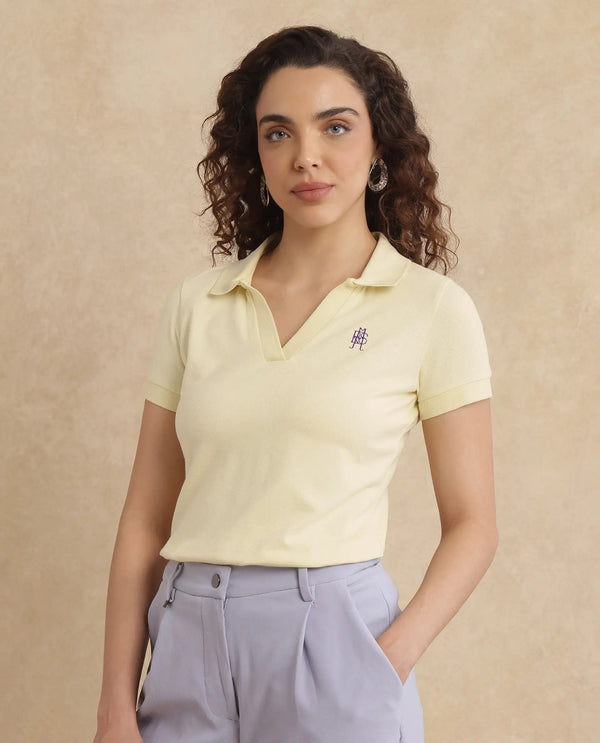 Rareism Women Van Light Yellow Cotton Lycra Fabric Short Sleeve Polo Collar Plain Polo