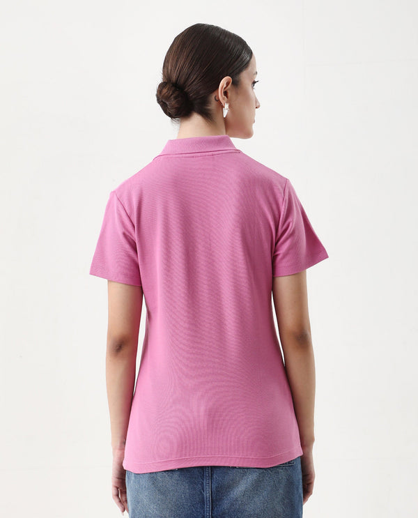Rareism Women Vano Pink Cotton Fabric Crew Neck Oversized Fit Graphic Print Polo