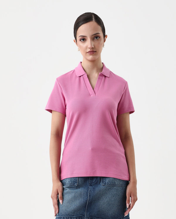 Rareism Women Vano Pink Cotton Fabric Crew Neck Oversized Fit Graphic Print Polo