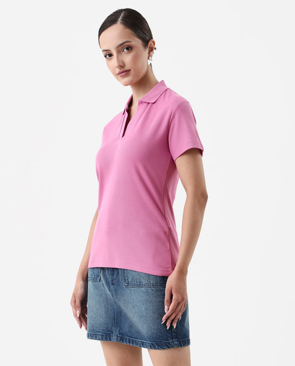 Rareism Women Vano Pink Cotton Fabric Crew Neck Oversized Fit Graphic Print Polo