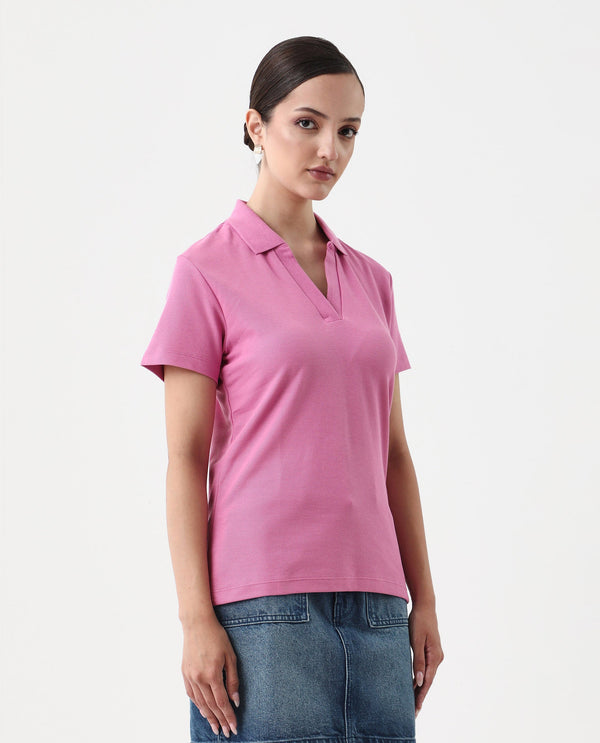 Rareism Women Vano Pink Cotton Fabric Crew Neck Oversized Fit Graphic Print Polo