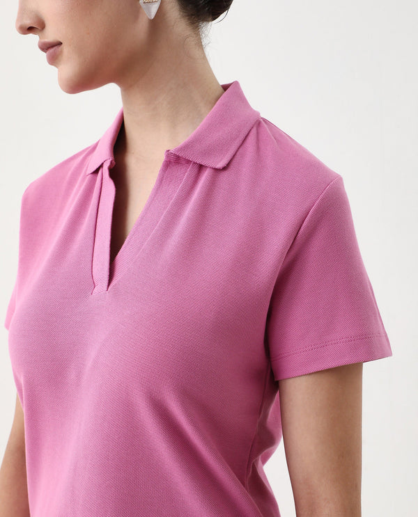 Rareism Women Vano Pink Cotton Fabric Crew Neck Oversized Fit Graphic Print Polo
