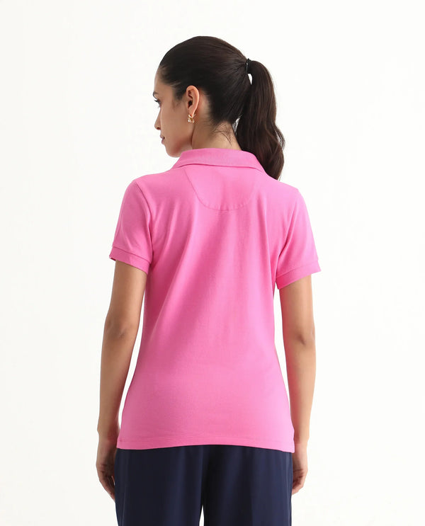 Rareism Women Van Pink Cotton Lycra Fabric Short Sleeve Polo Collar Plain Polo