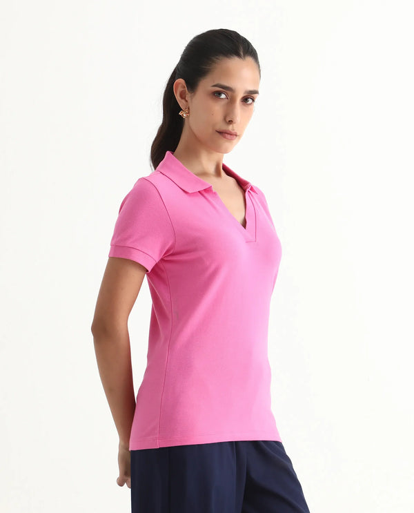 Rareism Women Van Pink Cotton Lycra Fabric Short Sleeve Polo Collar Plain Polo