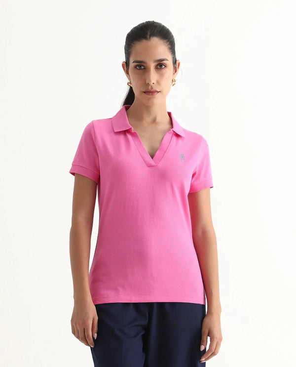 Rareism Women Van Pink Cotton Lycra Fabric Short Sleeve Polo Collar Plain Polo