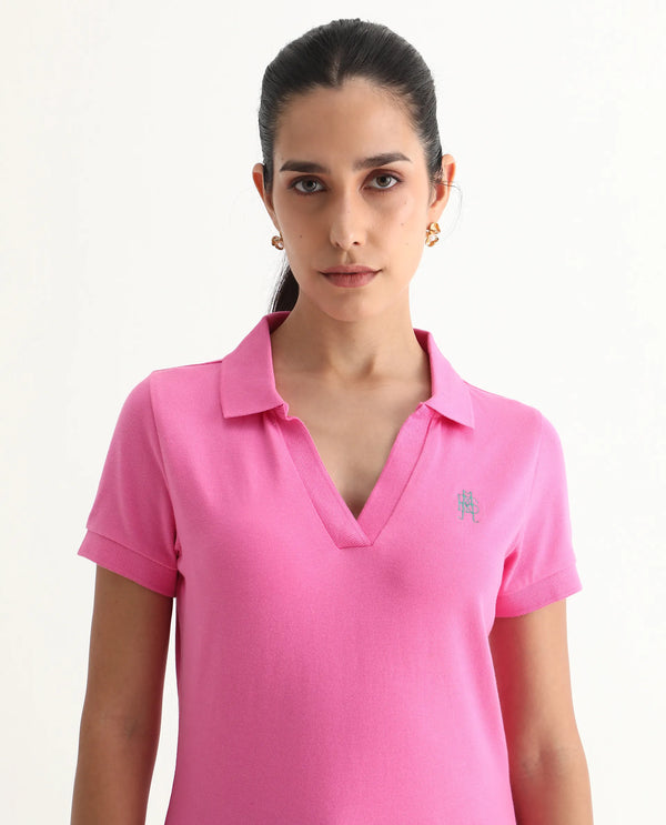Rareism Women Van Pink Cotton Lycra Fabric Short Sleeve Polo Collar Plain Polo