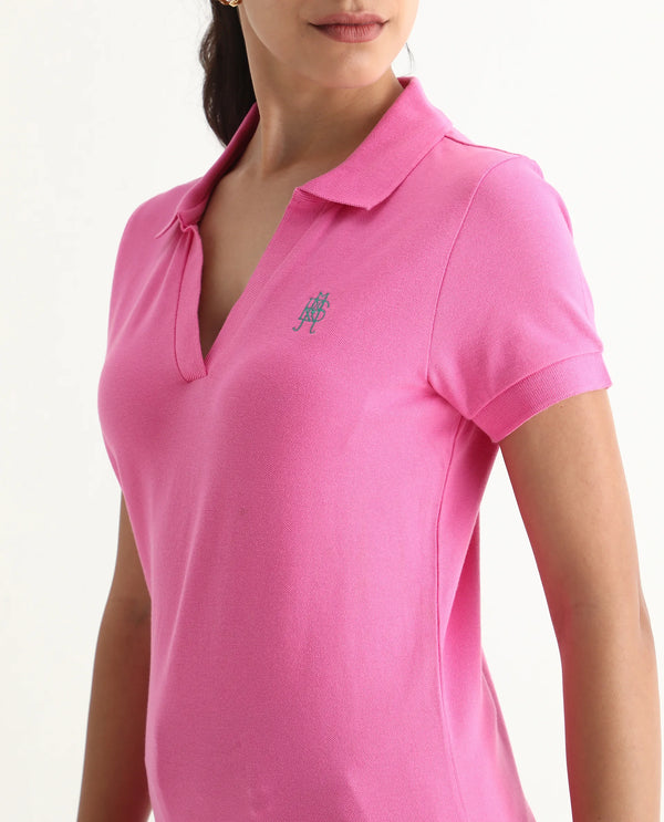 Rareism Women Van Pink Cotton Lycra Fabric Short Sleeve Polo Collar Plain Polo