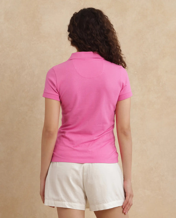 Rareism Women Van Pink Cotton Lycra Fabric Short Sleeve Polo Collar Plain Polo