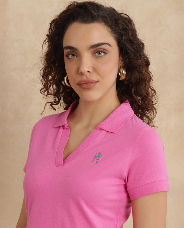 Rareism Women Van Pink Cotton Lycra Fabric Short Sleeve Polo Collar Plain Polo