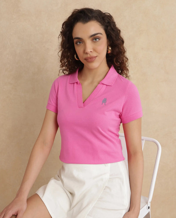 Rareism Women Van Pink Cotton Lycra Fabric Short Sleeve Polo Collar Plain Polo