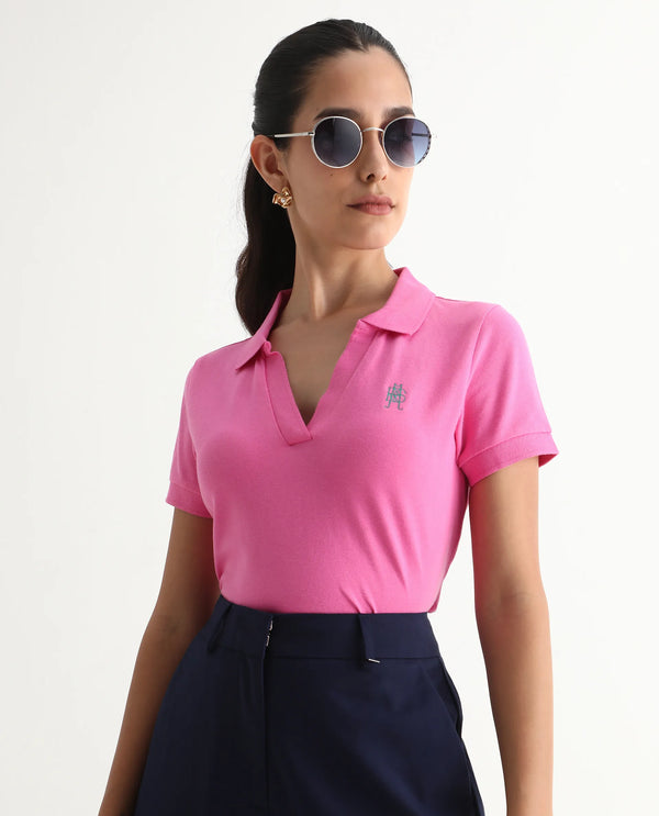 Rareism Women Van Pink Cotton Lycra Fabric Short Sleeve Polo Collar Plain Polo