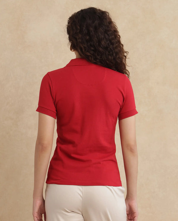 Rareism Women Van Red Cotton Lycra Fabric Short Sleeve Polo Collar Plain Polo