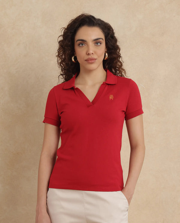 Rareism Women Van Red Cotton Lycra Fabric Short Sleeve Polo Collar Plain Polo