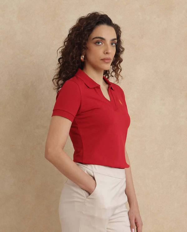 Rareism Women Van Red Cotton Lycra Fabric Short Sleeve Polo Collar Plain Polo