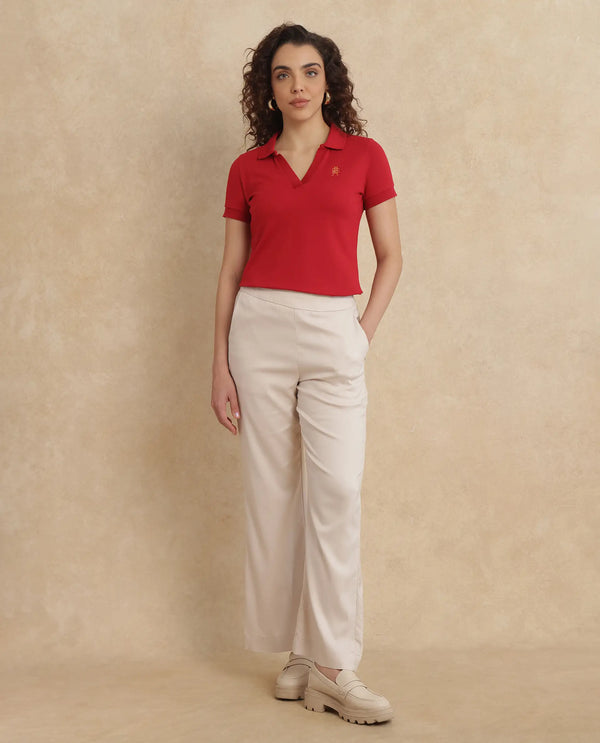 Rareism Women Van Red Cotton Lycra Fabric Short Sleeve Polo Collar Plain Polo