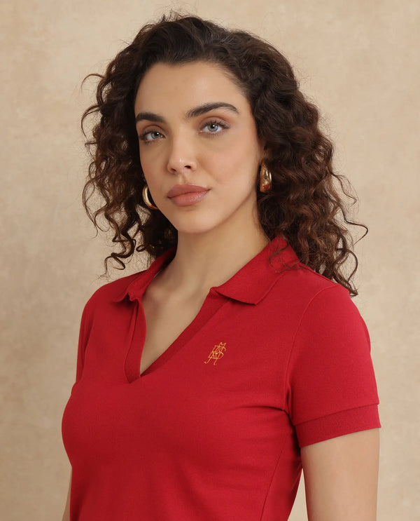 Rareism Women Van Red Cotton Lycra Fabric Short Sleeve Polo Collar Plain Polo