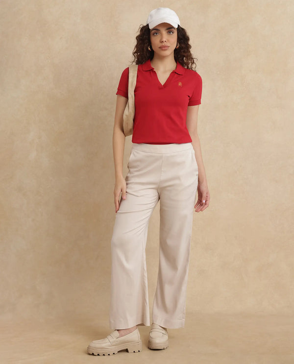 Rareism Women Van Red Cotton Lycra Fabric Short Sleeve Polo Collar Plain Polo