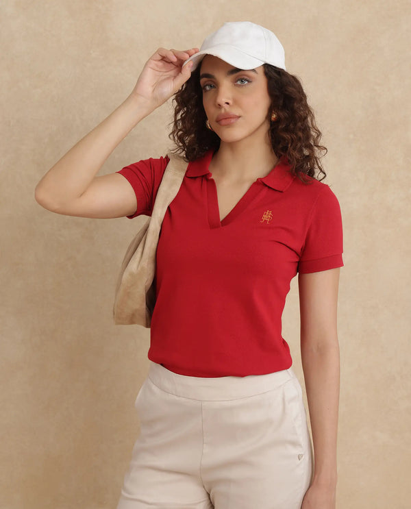 Rareism Women Van Red Cotton Lycra Fabric Short Sleeve Polo Collar Plain Polo